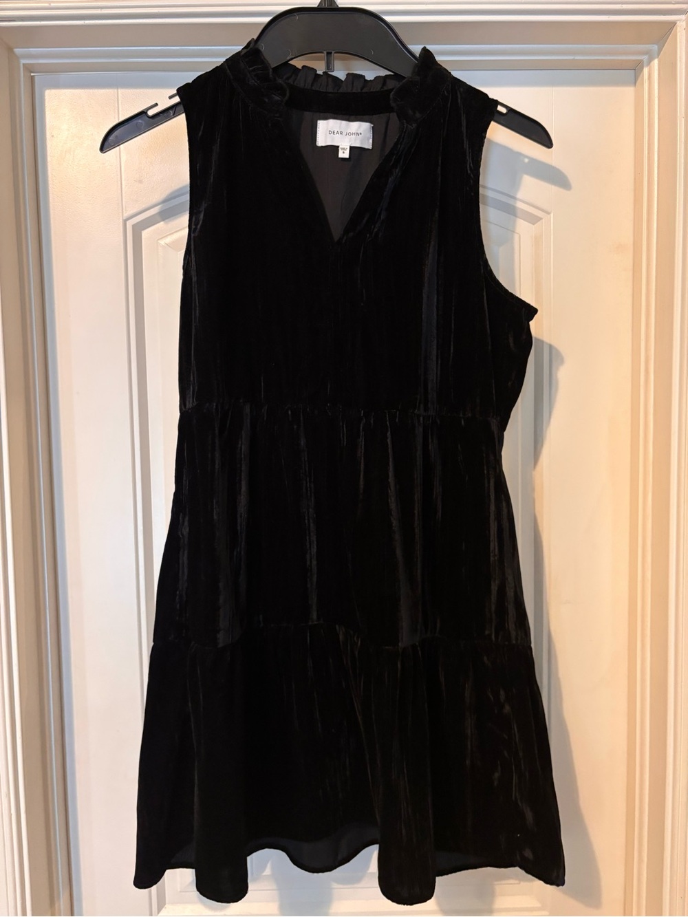 Dear John Black Velvet Ruffle-Neck Tiered Dress